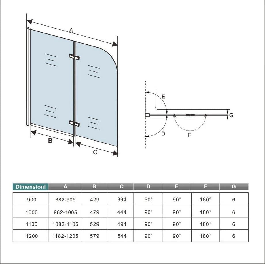 H.140 cm Sopravasca da Bagno da 110 cm Doccia Due Ante Pieghevoli a Libro Vetro Temperato 6 mm Anticalcare Telaio Cromato Lucido