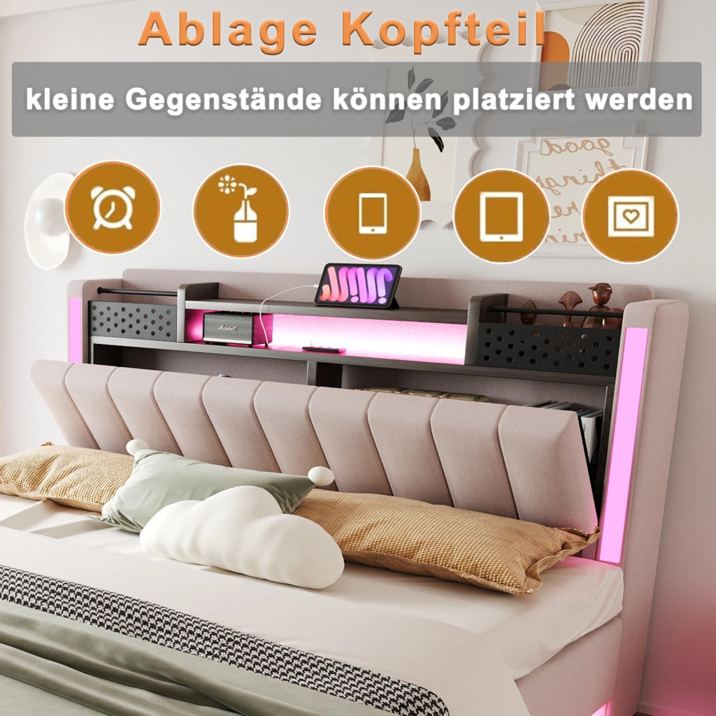 OKWISH Letto Imbottito 160×200 cm, Letto Matrimoniale con USB, Tipo C, LED Regolabile e Contenitore, senza Materasso, in Tessuto Beige