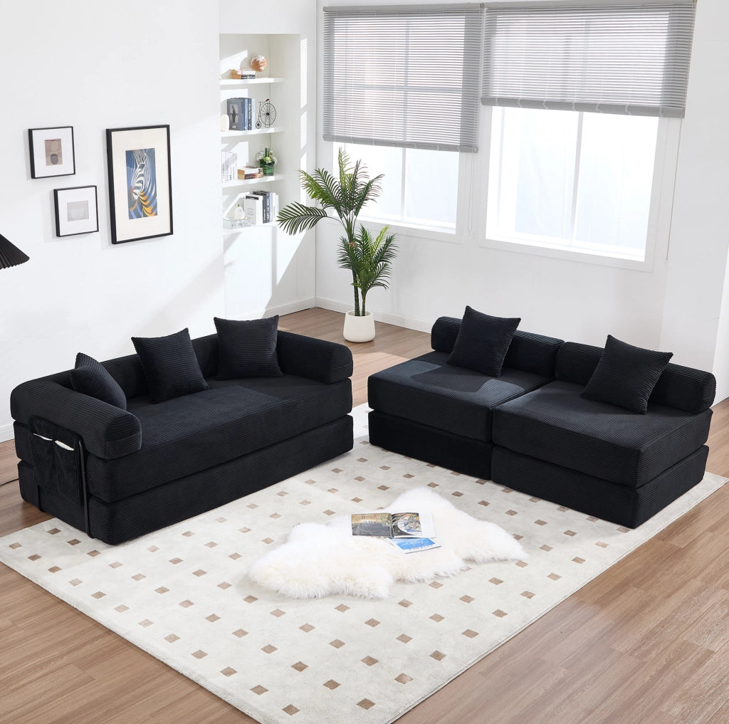 Divano modulare con tasca laterale e funzione letto 270x180x64 cm in velluto a coste nero