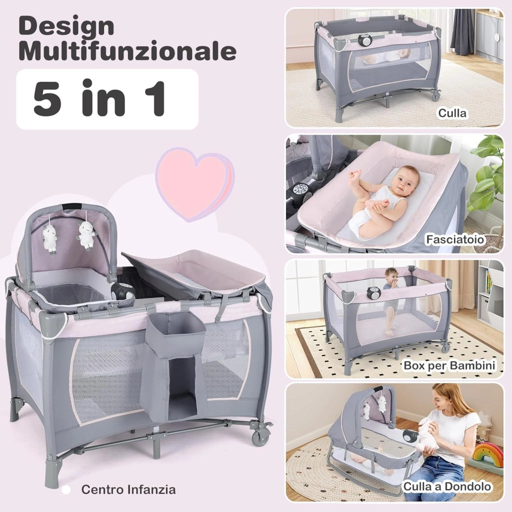 5 in 1 Culla Campeggio Bambini, Lettino Viaggio Neonati Pieghevole con Materasso, Fasciatoio, Box Portatile con Ruote, 2 Giocattoli e Carillon, per Bambini 0-3 Anni (Rosa)