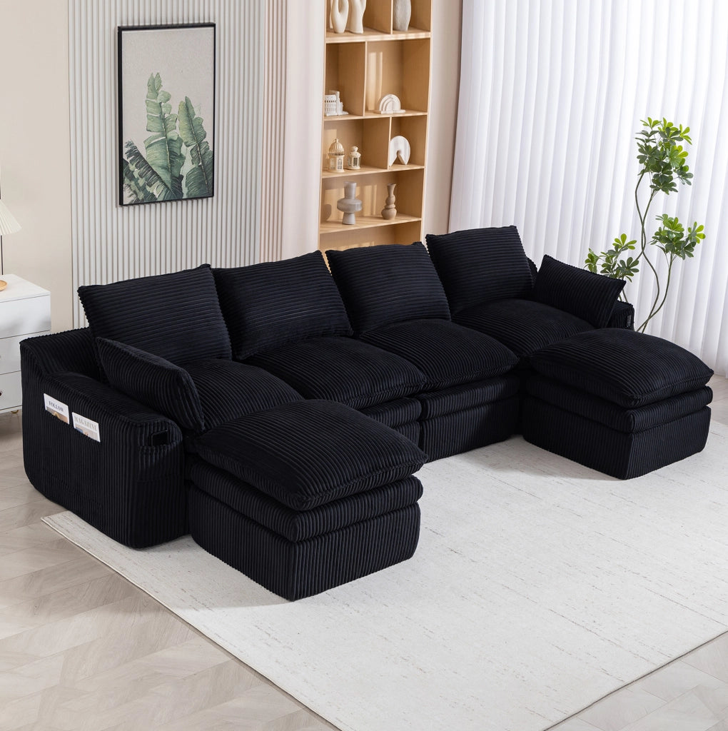 Divano modulare 4 posti in velluto con 2 pouf, cuscini e tasche laterali, schiuma a tre strati con molle, colore nero