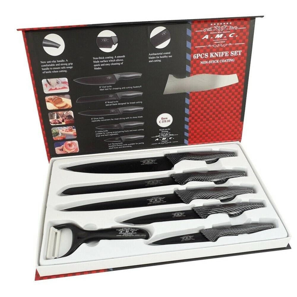 Trade Shop - Set 5 Coltelli Da Cucina In Acciaio Effetto Carbonio Piu Pelapatate -