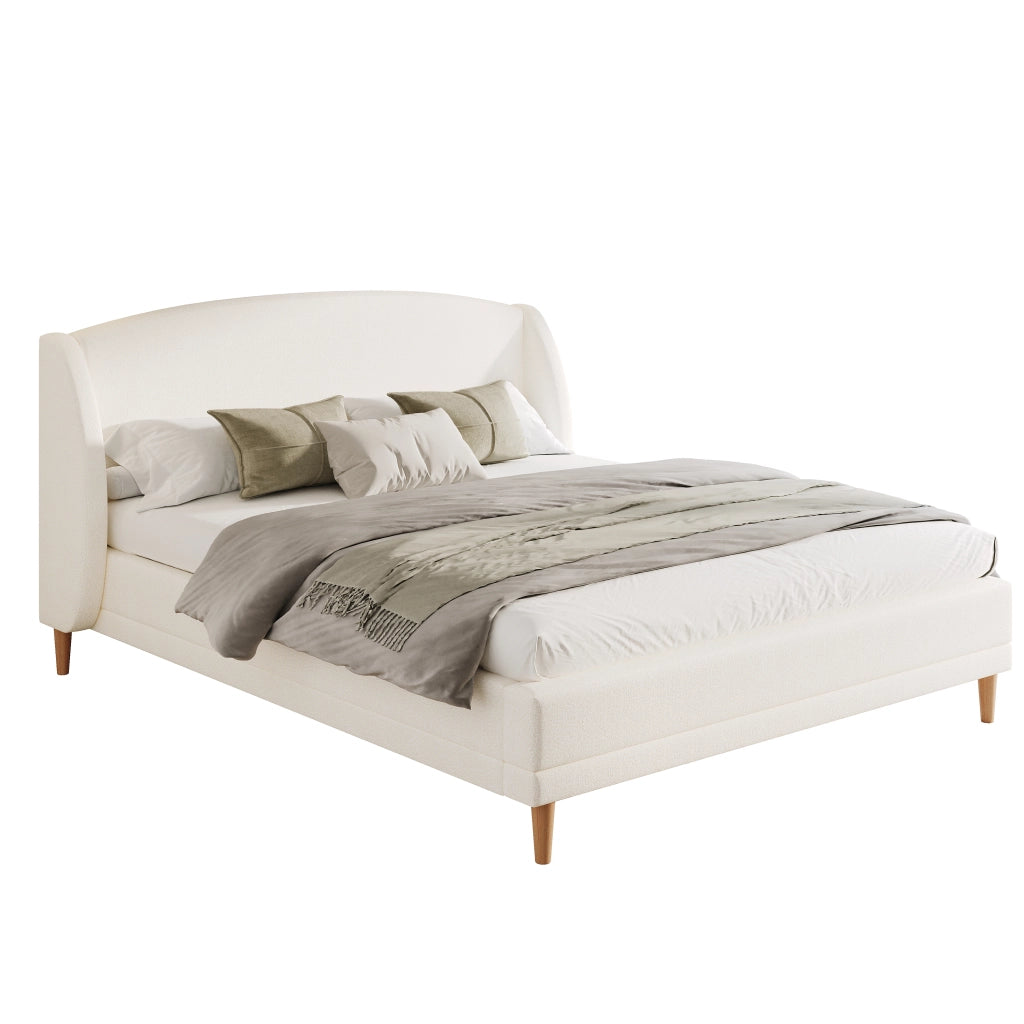 Letto matrimoniale 140x190 cm in tessuto bouclé bianco, testiera a orecchie, rete a doghe inclusa, montaggio rapido