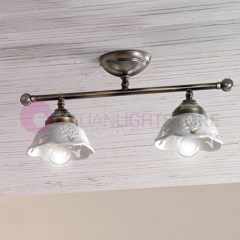 RIPARBELLA Plafoniera a 2 Luci in Ceramica e Ottone Rustico Country