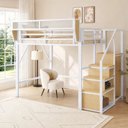 DESMIU Letto a soppalco 140 × 200 cm 2 posti con scala, ripiano rimovibile e vano, senza materasso, metallo bianco