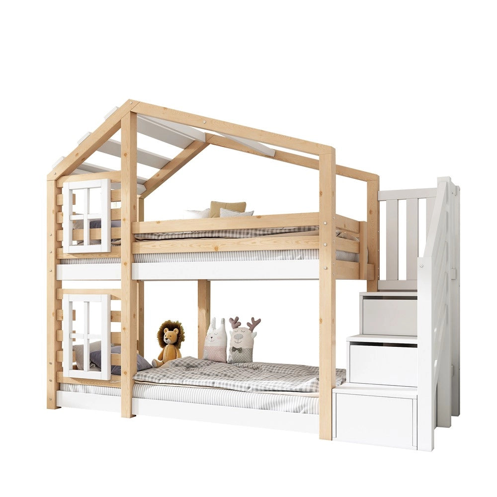 Letto a Castello Baumhaus per Bambini ¨C MINIMAL ¨C 90x200, Legno, Bianco, 2 Reti a Doghe