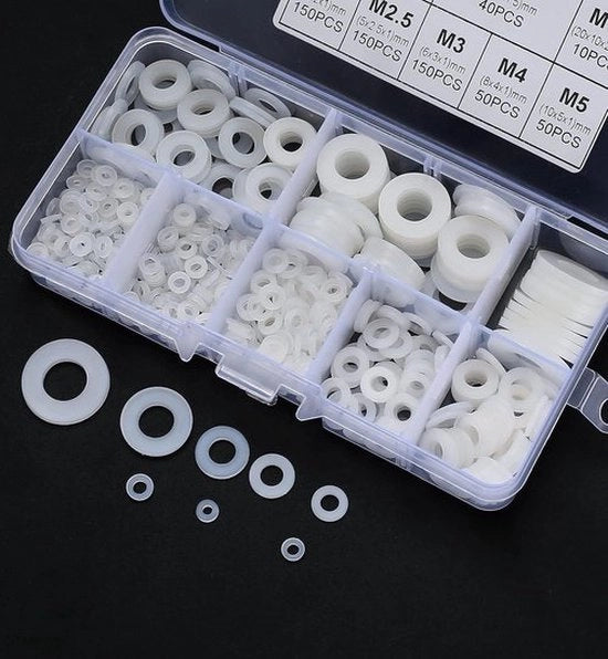 650 pezzi di Anelli in Nylon, Anelli di Carrozzeria in Plastica Piana, Anelli di Chiusura a Distanza a Sezione Circolare, Pacchetti per Viti di Isolamento - Bianco, M2/M2,5/M3/M4/M5/M6/M8/M10