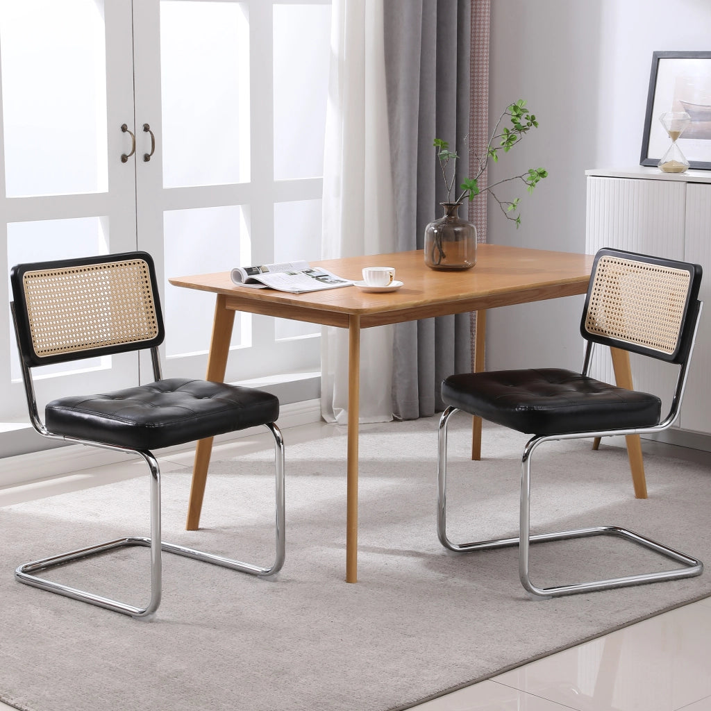 Sedie da Pranzo Set 2 Pezzi ¨C MINIMAL ¨C Rattan, Ecopelle, Schienale a Rete, Gambe in Metallo, Nero