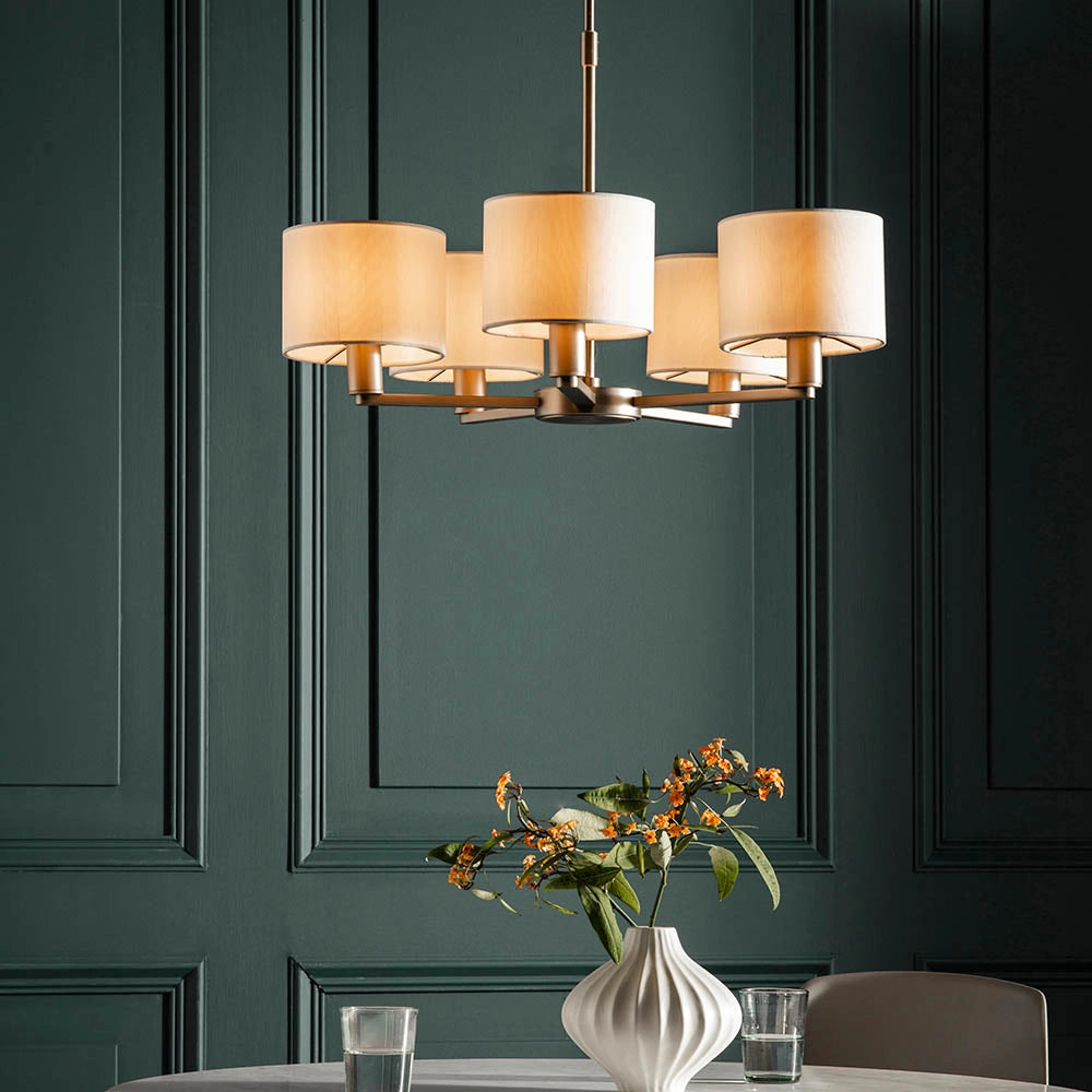 Lampadario 5 luci nichel opaco paralumi bianco E14