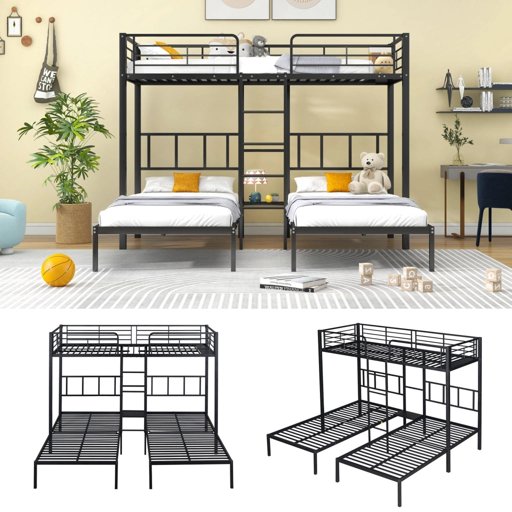 LETTO a castello triplo 90x200 cm Metallo Nero con scala e tavolo