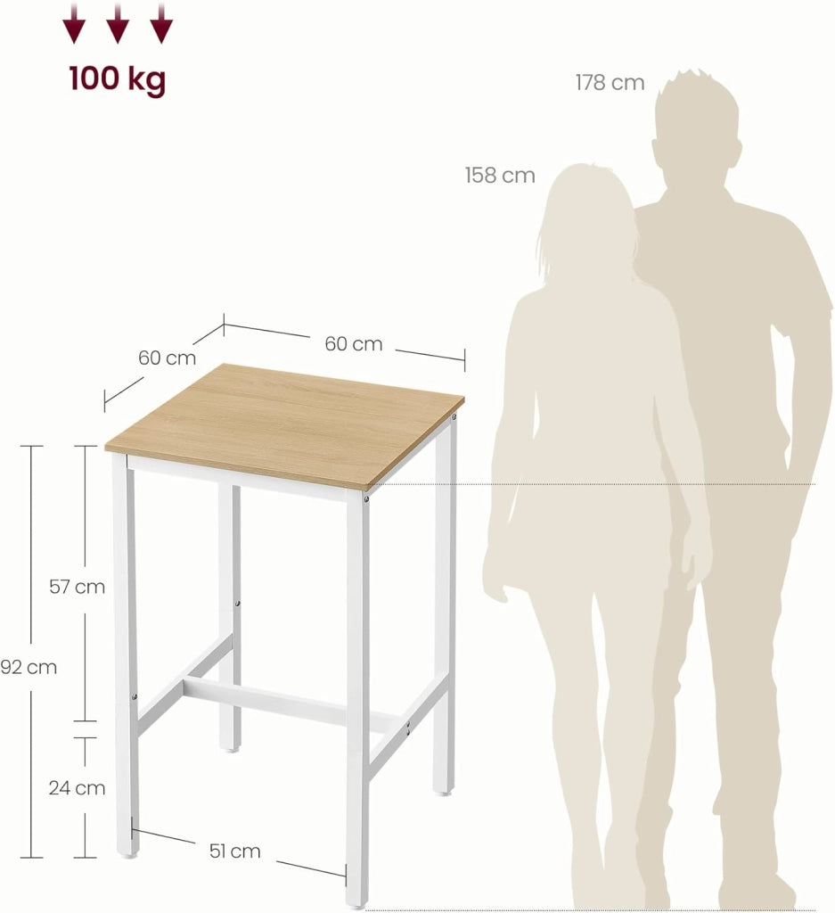 VASAGLE Tavolino da Bar, Tavolino Alto Quadrato per Colazione, Struttura in Acciaio, 60 x 60 x 92 cm, Montaggio Facile, per Cucina Soggiorno, Stile Moderno, Beige Rovere e Bianco Classico LBT025W09