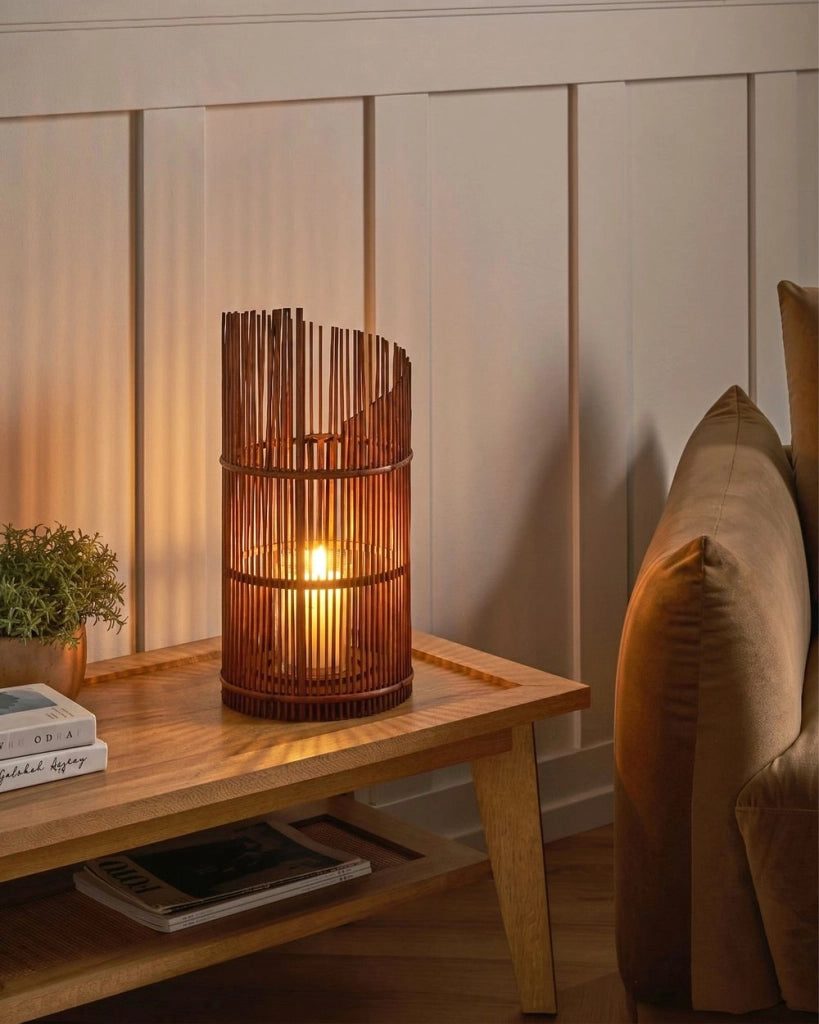 Lanterna a candela in legno di bambù marrone, 49 cm, con portacandela in vetro, stile boho, per interni ed esterni