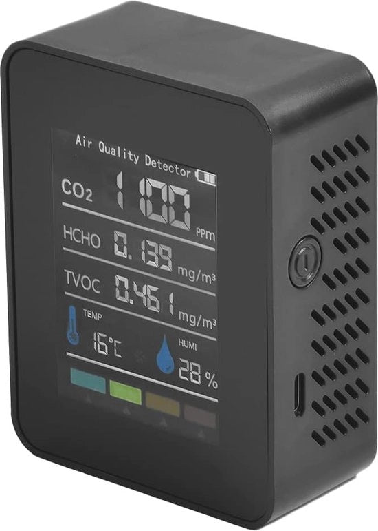 Monitor di Qualità dell'Aria 5 in 1 con CO2, HCHO, TVOC e AQI - Detettore di Temperatura e Umidità con Display LCD a Colori
