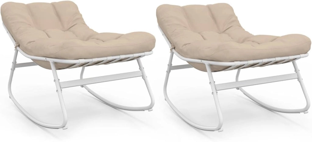 Set di 2 sedie a Dondolo da Giardino Arona, Bianche con Cuscini Beige
