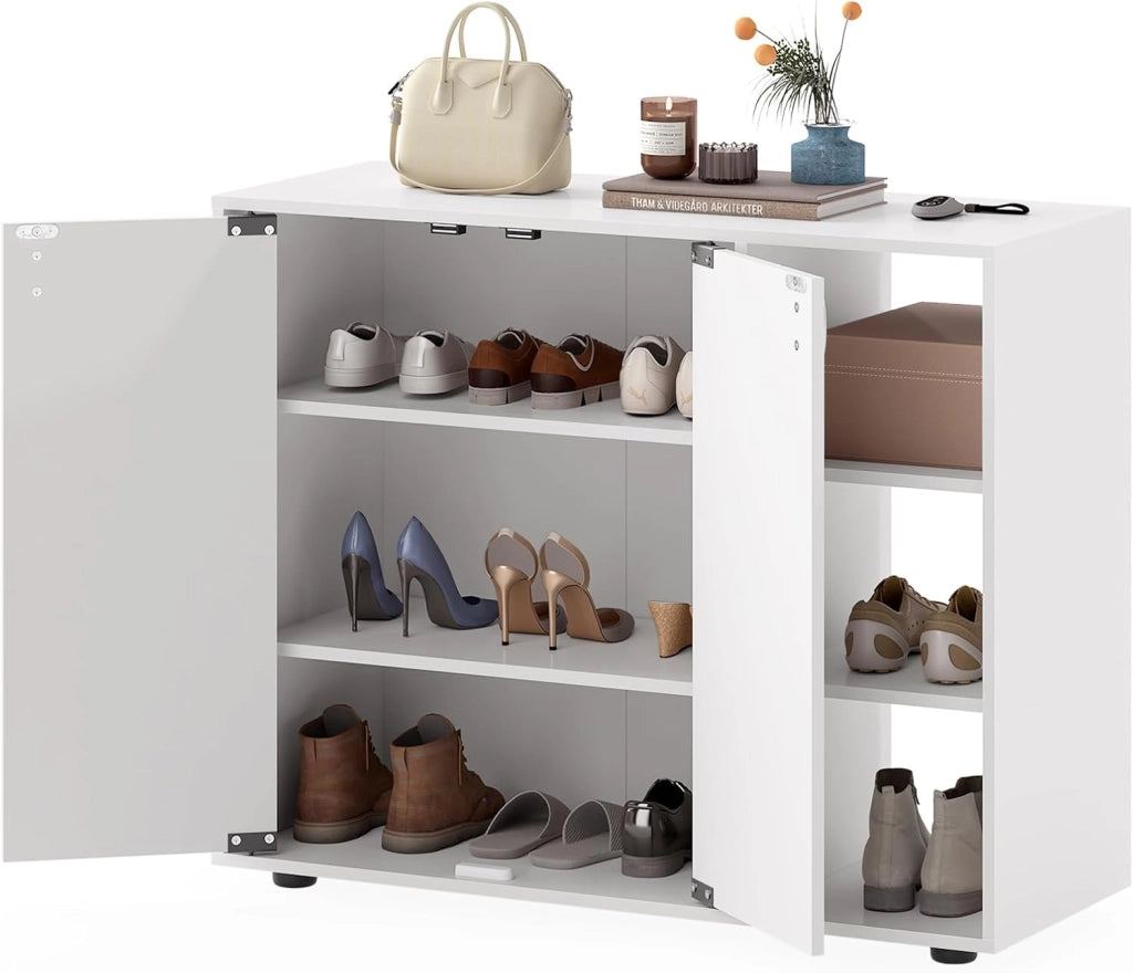 Mobiletto per Scarpe con Ante, Scaffale Porta Scarpe a 3 Ripiani con Mensole Regolabili, Organizzatore in Legno per Ingresso, Corridoio e Soggiorno, 80 x 31 x 64,5 cm (Bianco)
