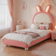 Letto per bambini 90 × 200 cm con testiera a coniglio, LED, bordo anticolpo morbido, senza materasso, rosa