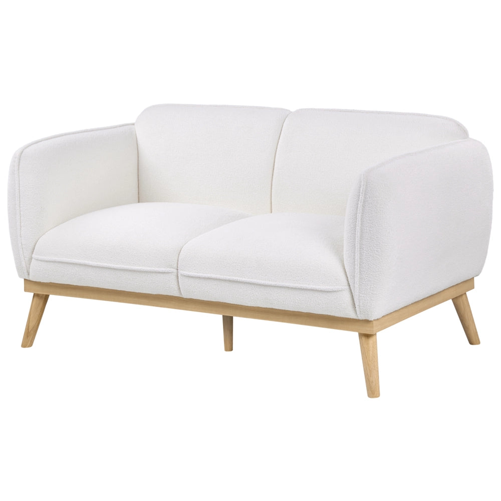 Set da salotto in stile scandinavo con divani a 2 e 3 posti, gambe affusolate in legno e rivestimento in bouclé bianco