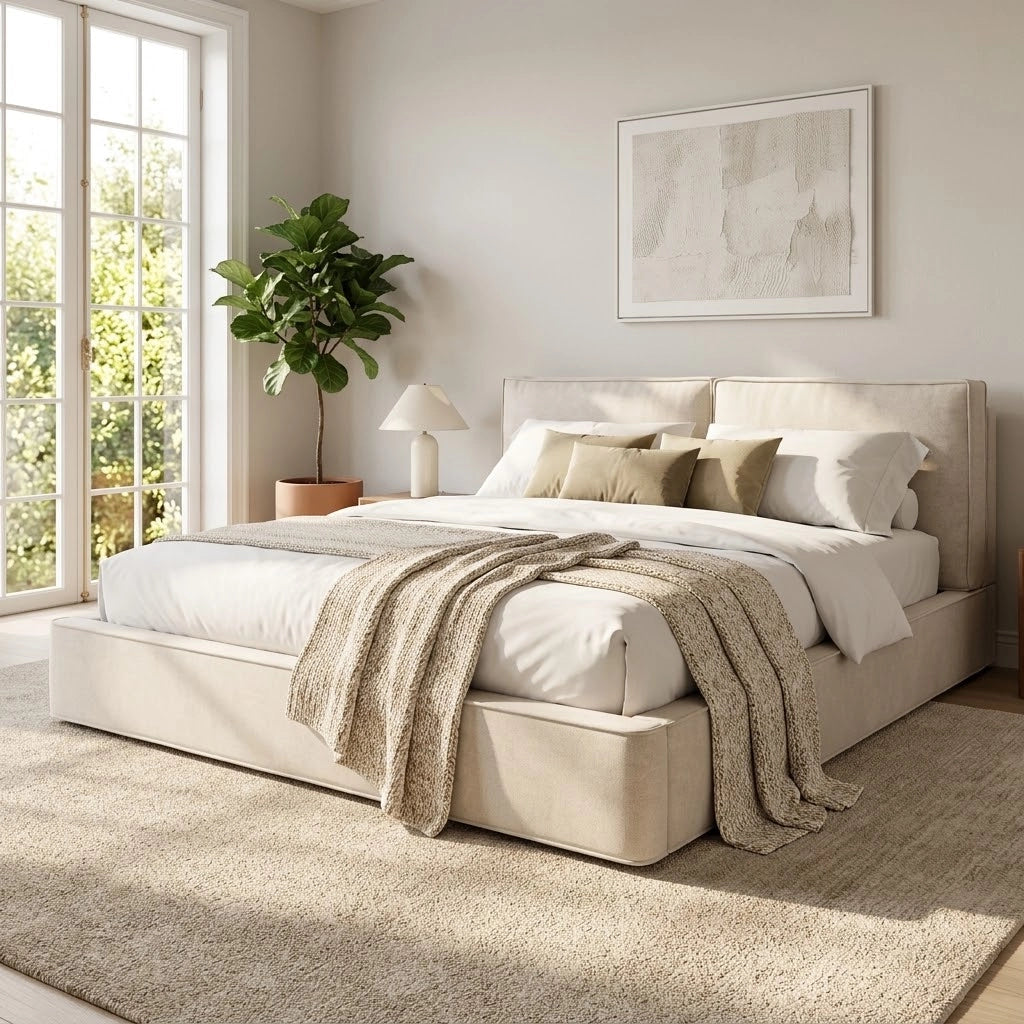 Letto contenitore matrimoniale 160 × 200 cm con testiera imbottita, contenitore idraulico, senza materasso, beige