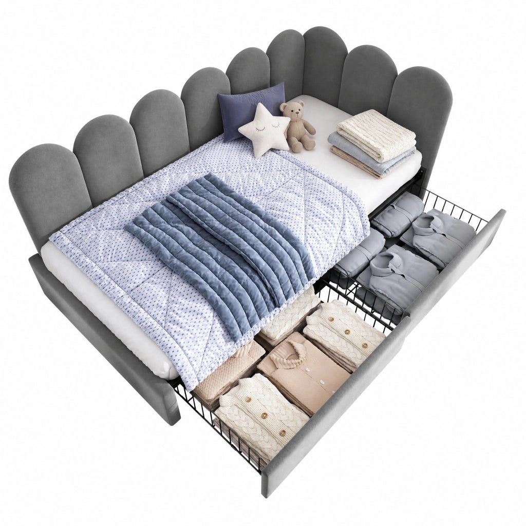 Letto singolo imbottito in velluto grigio 90x190 cm con 2 cassetti e rete a doghe