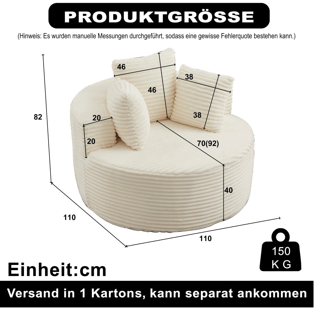 Poltrona lounge rotonda con braccioli larghi e 3 cuscini in velluto a coste, schiuma e molle, beige