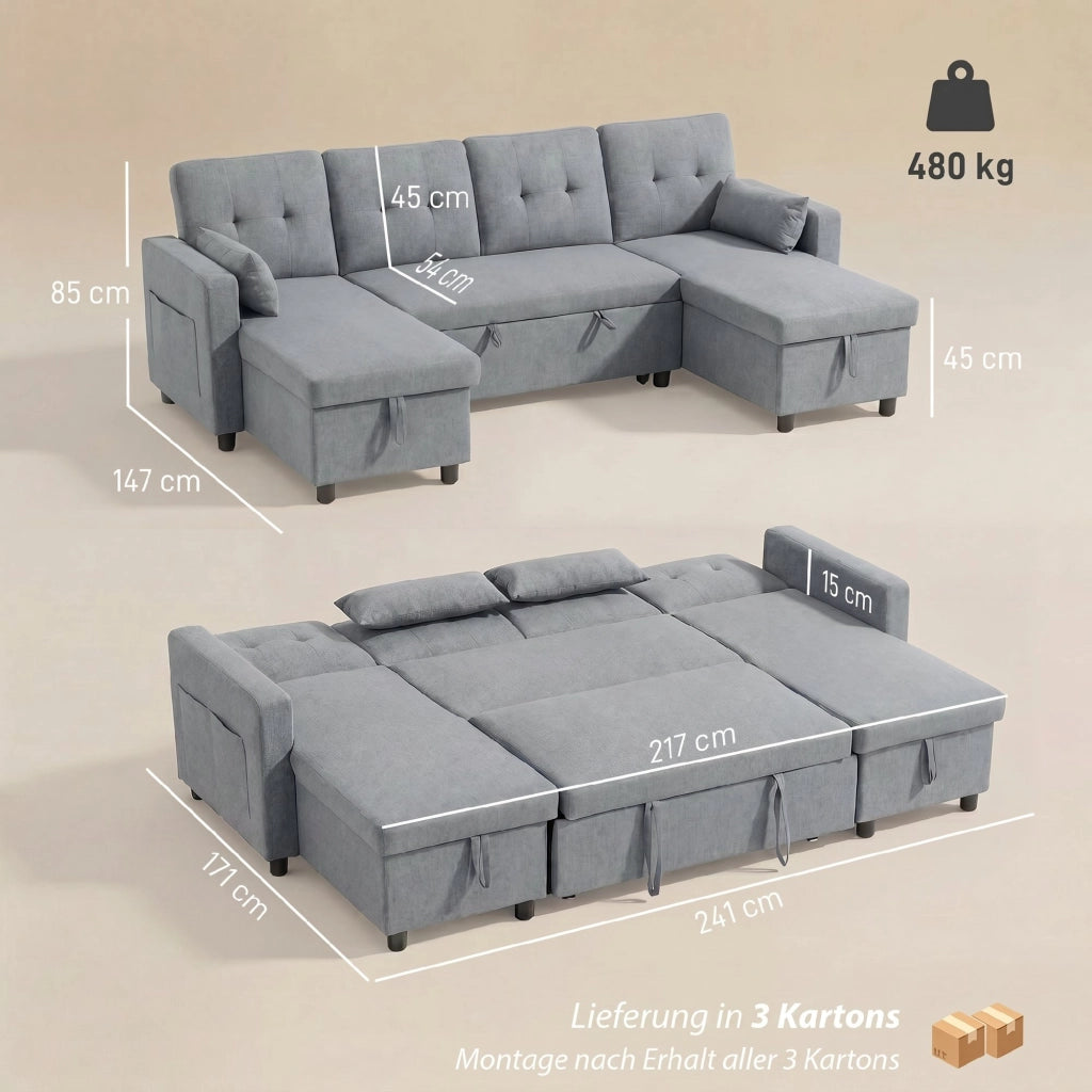 Divano angolare con funzione letto e contenitore ¨C Xylo ¨C tessuto effetto lino, schienale regolabile