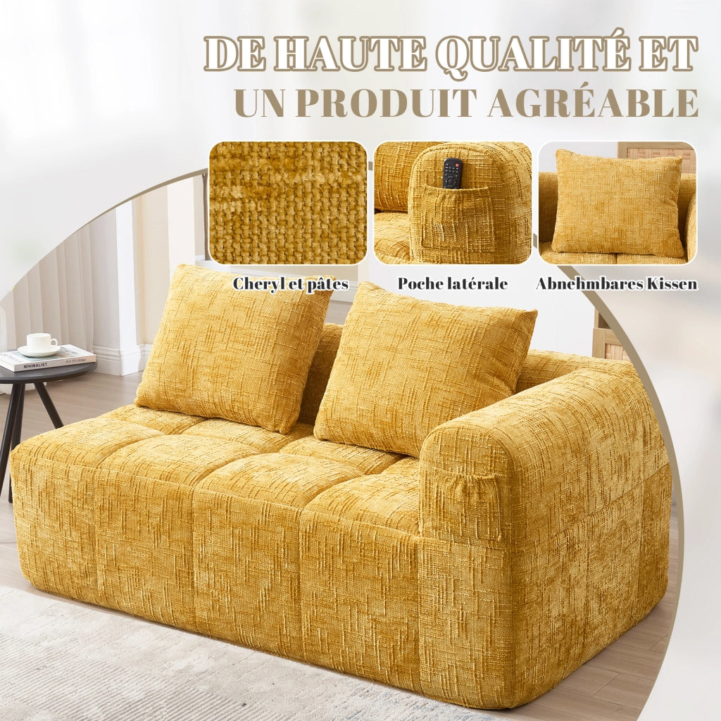 Divano con chaise longue in ciniglia giallo con cuscino e tasche laterali imbottito