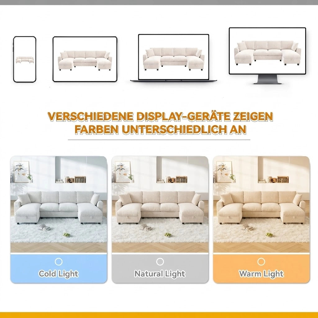 Divano a U con chaise longue e contenitore, porte USB e Type-C, in ciniglia beige, 279 × 135 × 84 cm