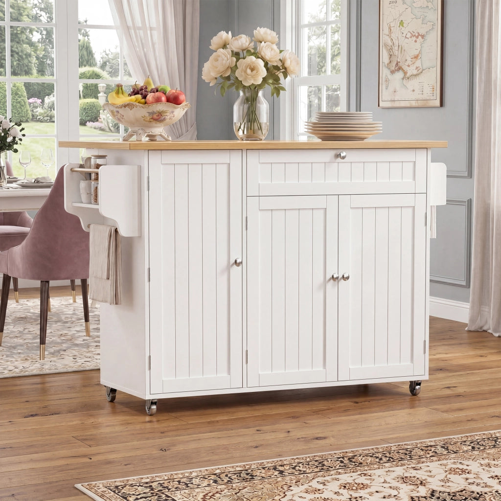Isola cucina con piano ribaltabile, carrello con cassetto e spazio contenitivo, colore Natural e Bianco