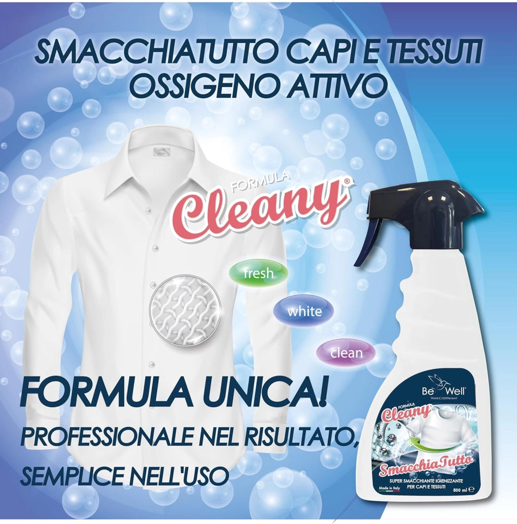 CLEANY Smacchiatutto Igienizzante Spray per Tessuti e Abbigliamento, Formula Super Smacchiante, 500ml, per Rimuovere Macchie di Grasso, Vino e Sudore
