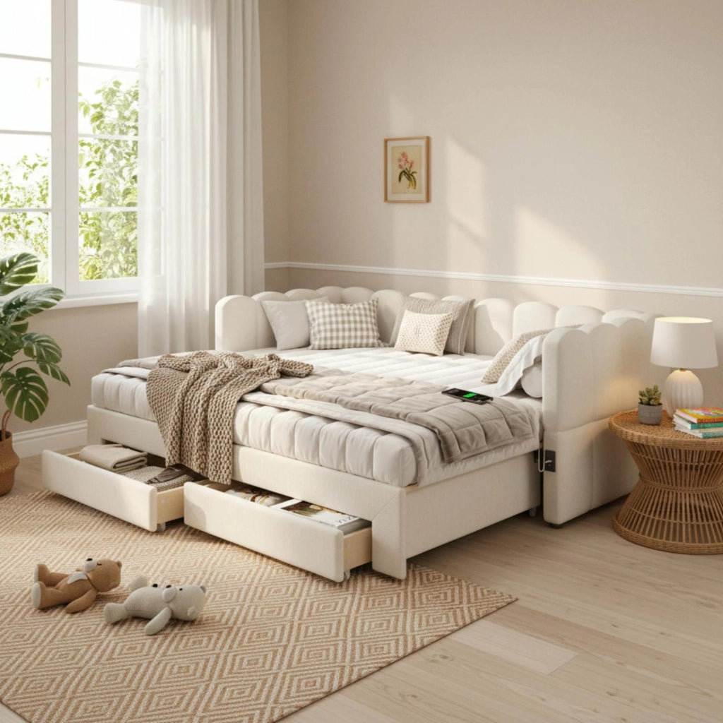 Letto daybed estraibile 90x190 cm in lino beige con 2 cassetti; USB e Type-C