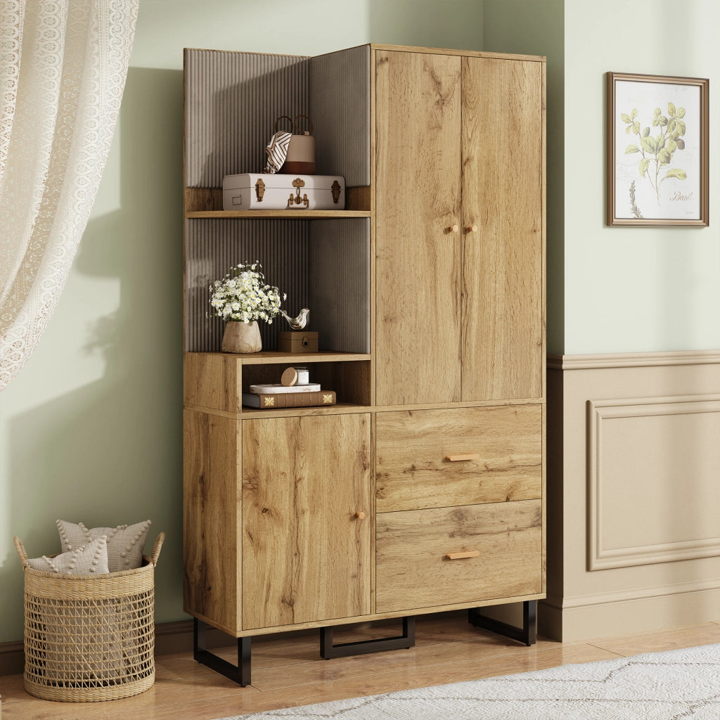 Mobile d'Ingresso con 1 Anta; 2 Cassetti; Barra Estraibile e Nicchie; Pannelli in Tessuto; Moderno; in MDF; Nero e Naturale; 110??38??186 cm