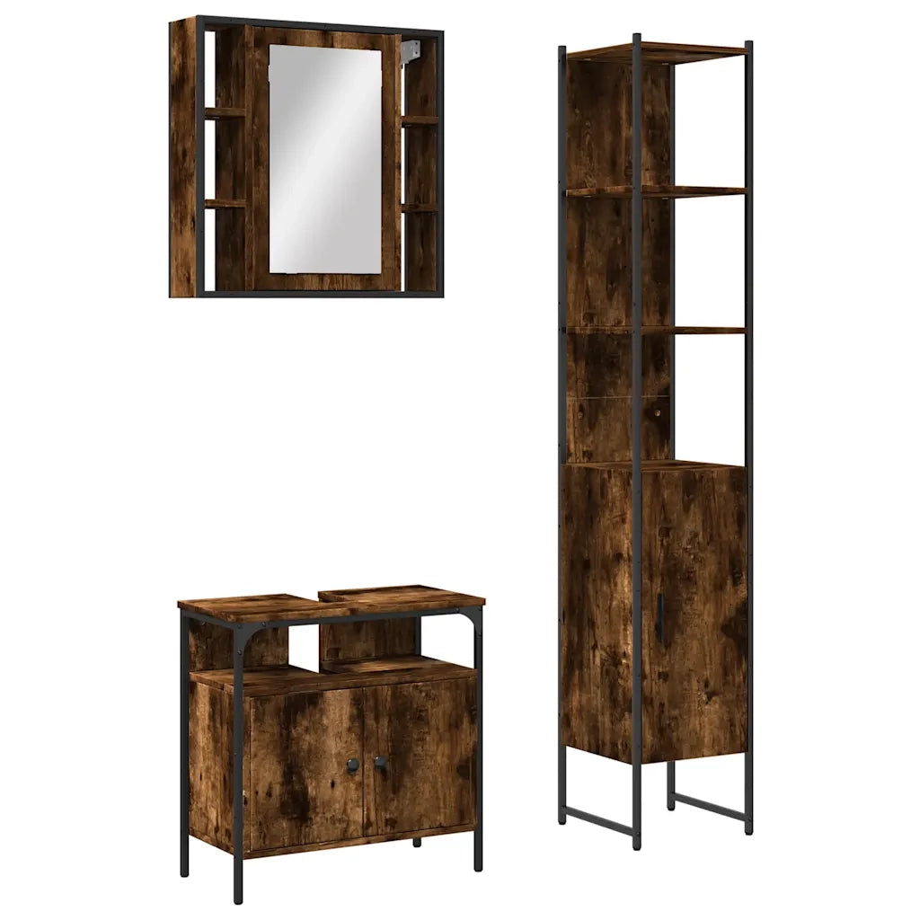 Set Mobili da Bagno | Armadio da bagno 3 pz Rovere Fumo in Legno Multistrato