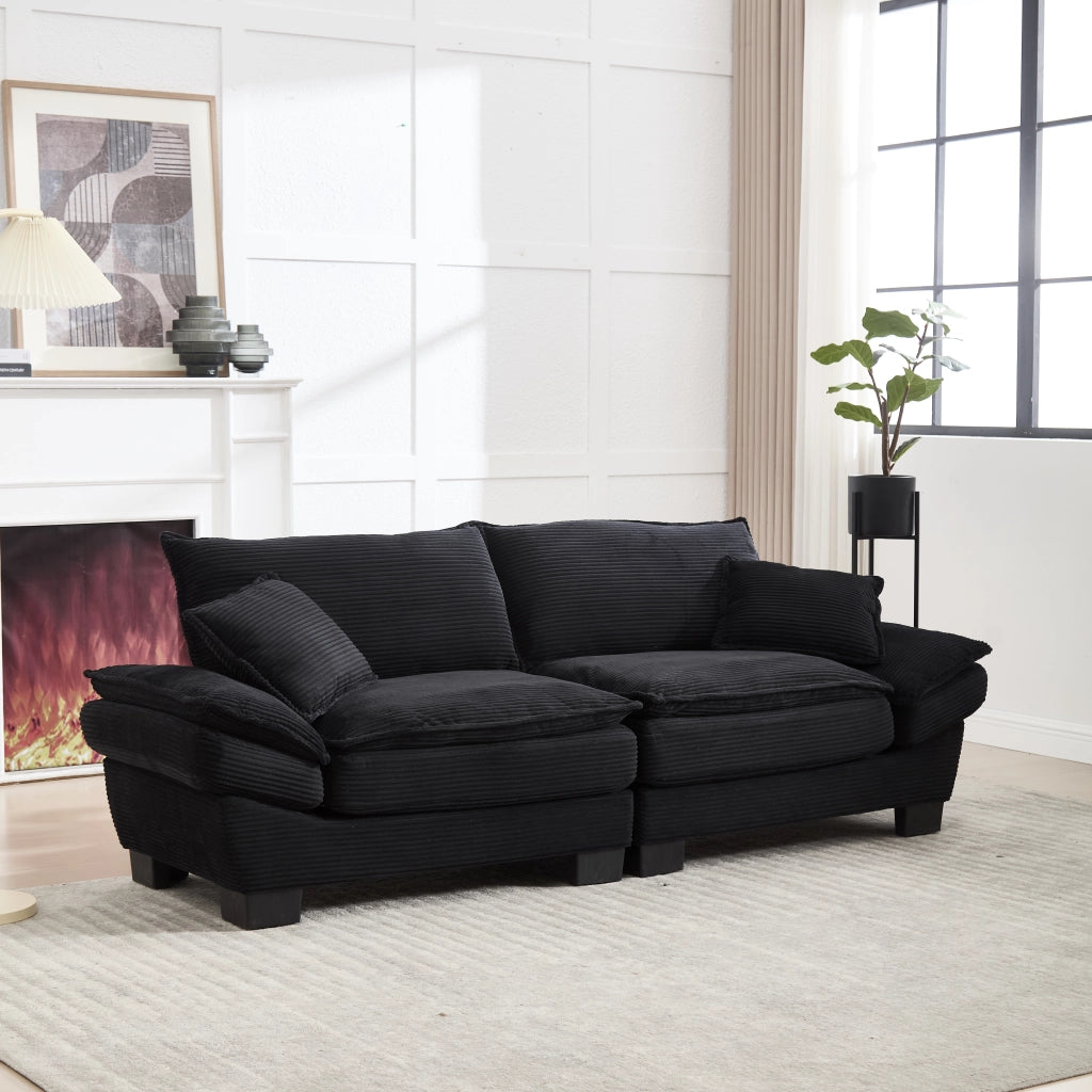 Divano Lineare 2 Posti con Cuscini; Seduta Extra Profonda Comfort; Braccioli Imbottiti; in Velluto Nero