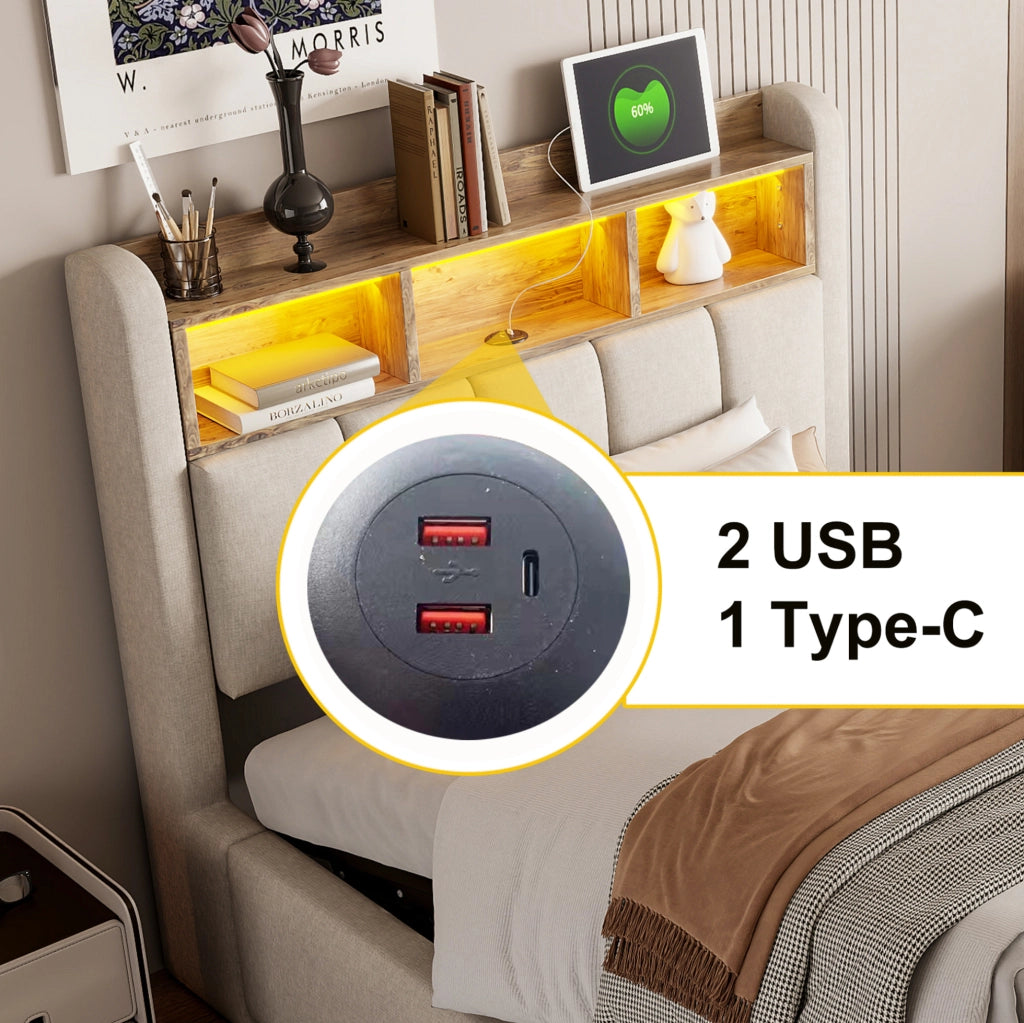 Letto imbottito 90x200 cm con LED; USB e Type-C; contenitore idraulico; lino beige