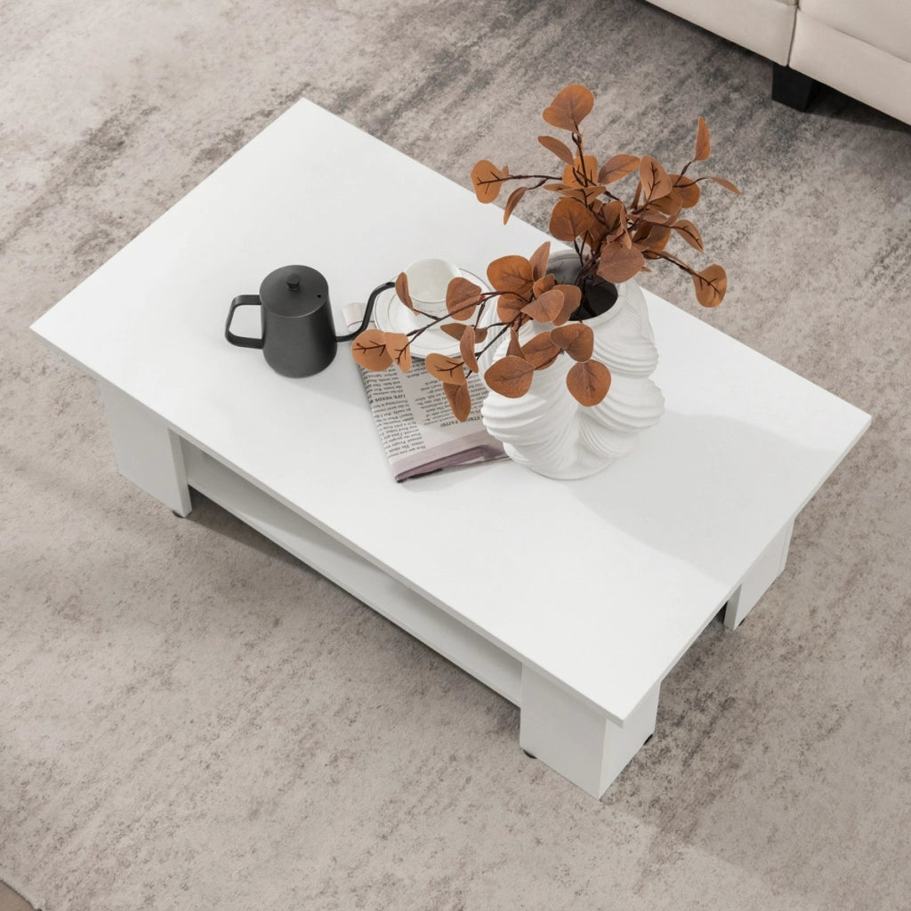 Tavolo da t¨¨ rettangolare in legno a 2 livelli, Tavolino da caff¨¨ moderno con ripiano aperto Bianco-Tavolini da salotto