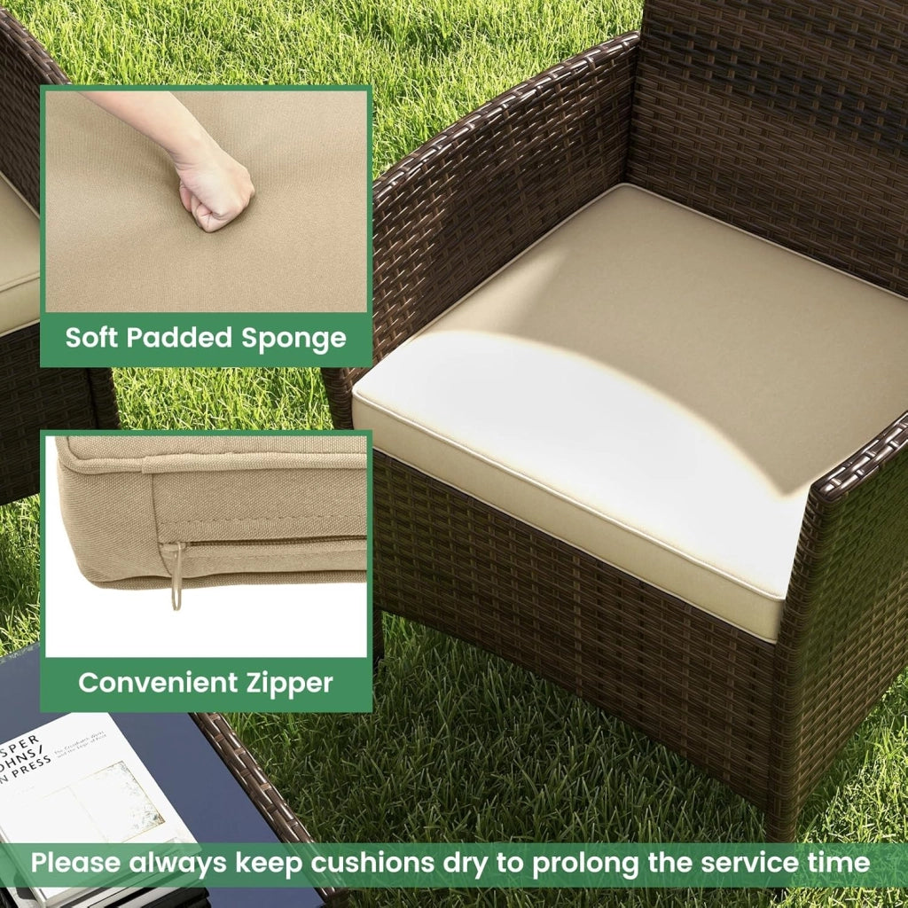 Soggiorno da giardino esterno per 4 persone in rattan PE, cuscini imbottiti, set da divano a 2 posti, 2 poltrone e tavolino in vetro temperato, mobili da terrazza per patio, balcone (marrone)