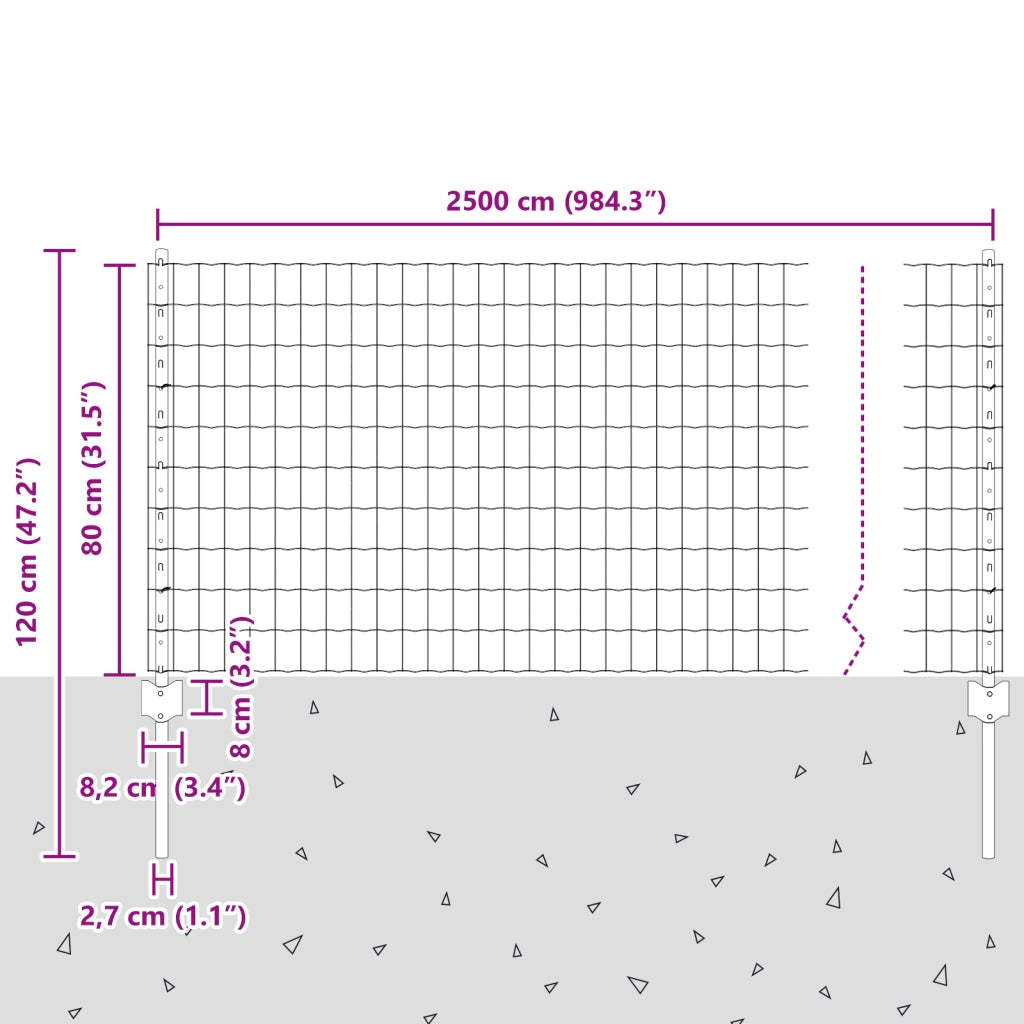Recinzione Euro con 11 Pali Grigi 0,8x25 m Acciaio
