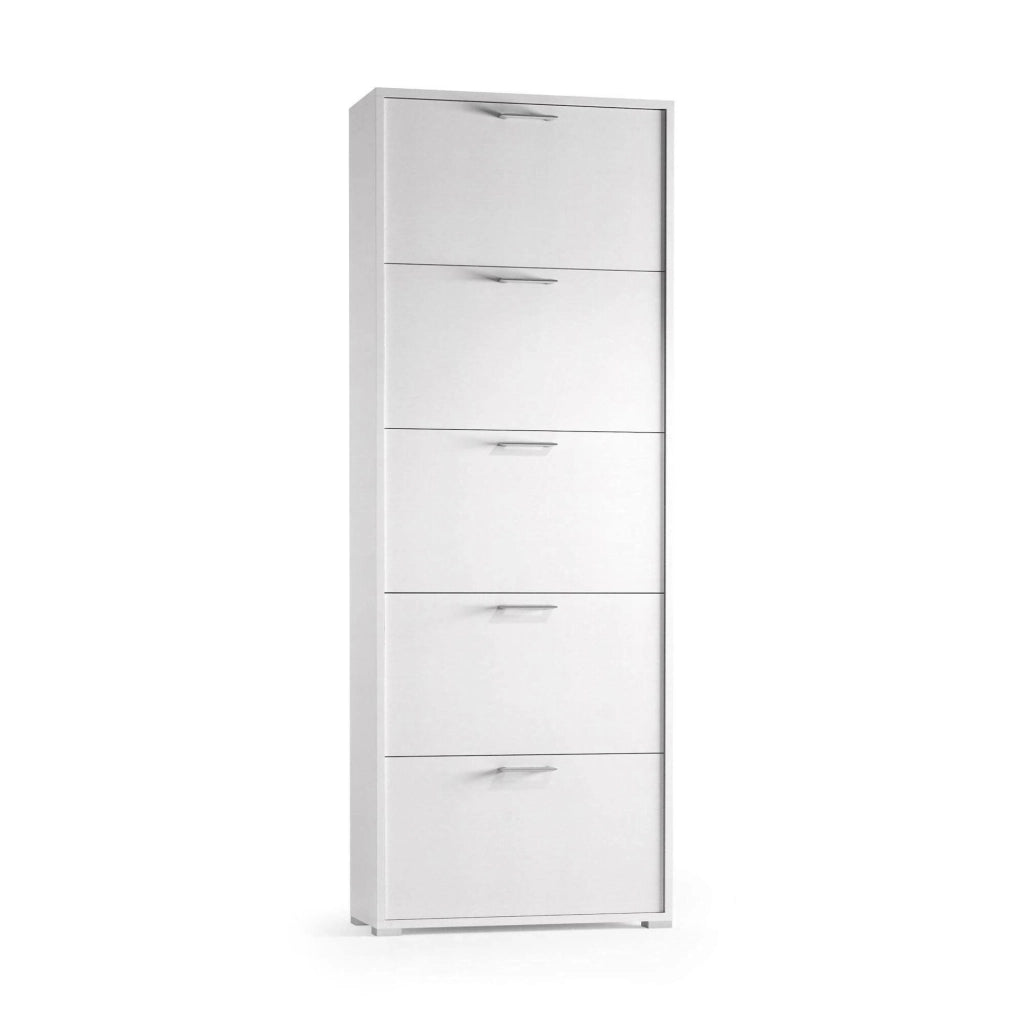 Scarpiera Amigo, Mobile multiuso da ingresso con 5 ante a ribalta, Armadietto portascarpe moderno, Made in Italy, Cm 67x18h184, Bianco