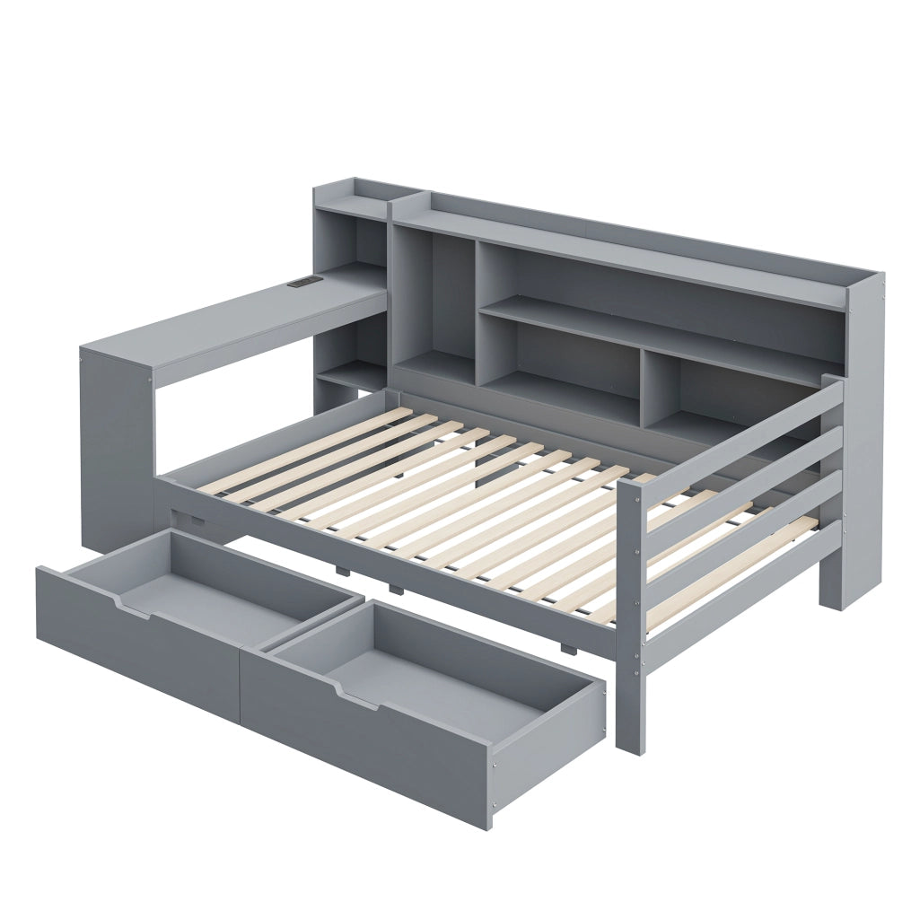 Letto da giorno ULEVR 90x200 cm con scrivania, libreria, 2 cassetti e prese USB, grigio