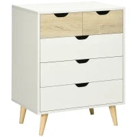 Cassettiera a 5 Cassetti per Camera da Letto con Maniglie Intagliate, 60x40x77.5cm, Bianco e Legno