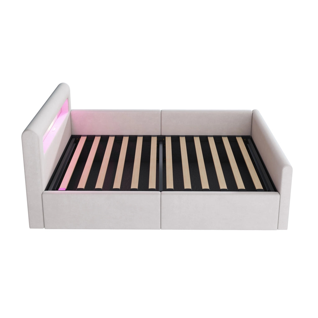 Letto imbottito 90x200 cm con LED; luce notturna; USB e contenitore in velluto beige