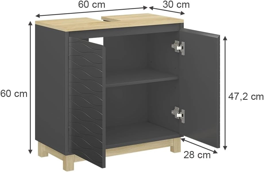 Mobiletto per lavabo Livia, Antracite, 60 x 60 cm con 2 porte