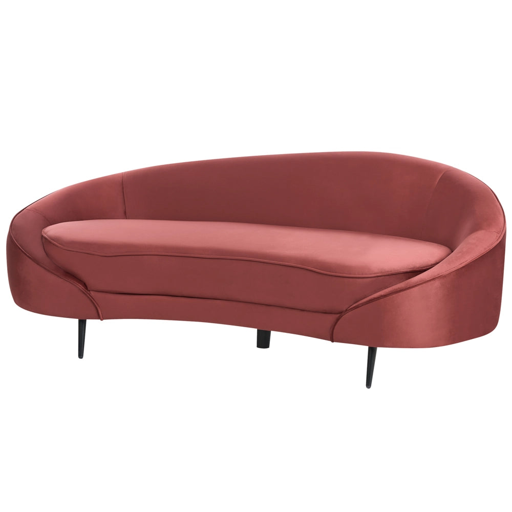 Divano tessuto bouclè rosso glamour curvo in stile retrò a 3 posti con gambe metallo dorato