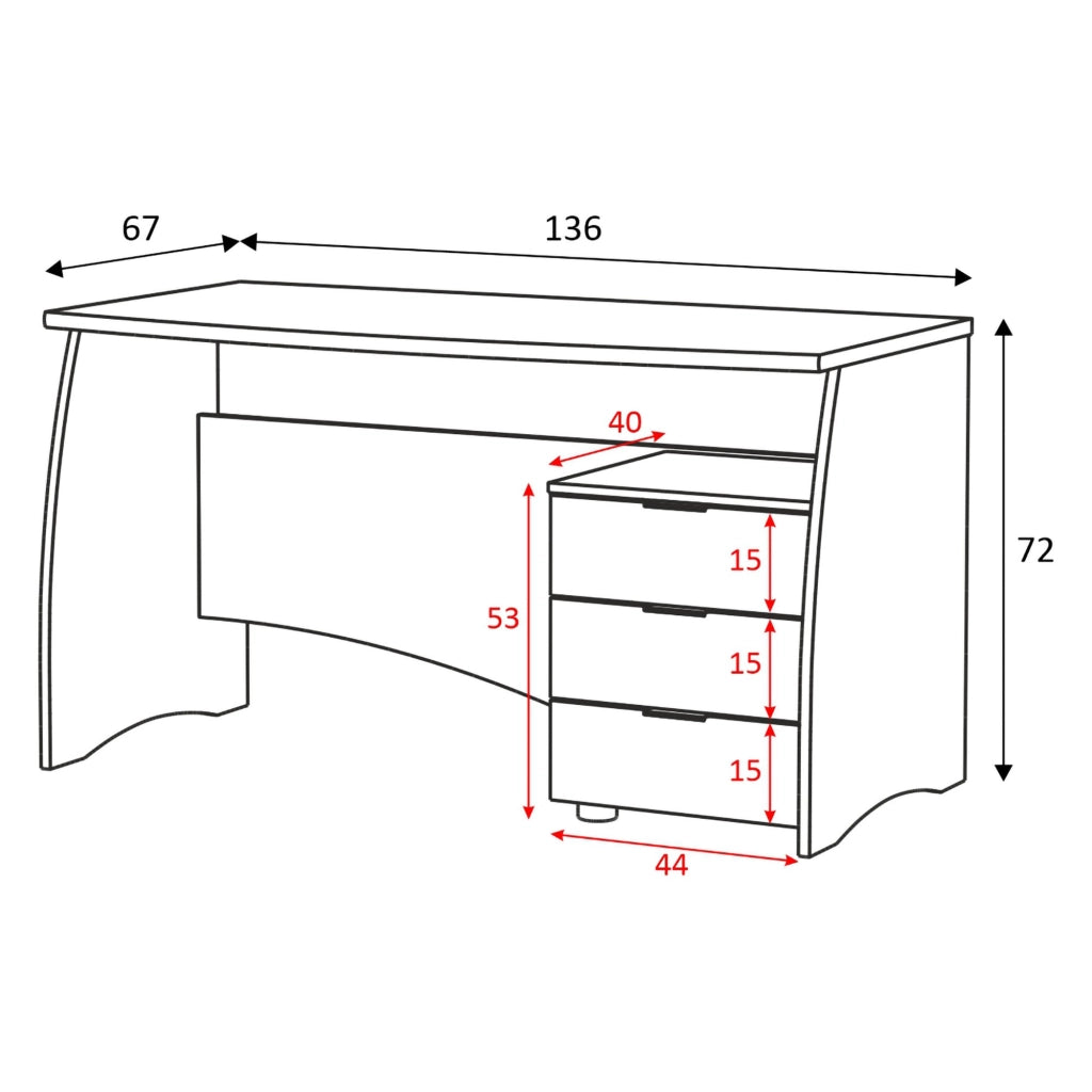 Azziz, Scrivania 3 Cassetti, 136x67x72h cm Bianco Opaco