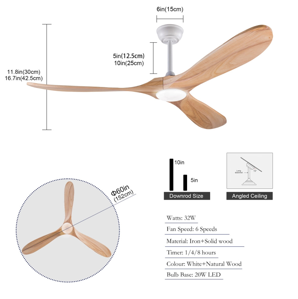 Ventilatore da soffitto 60 pollici con luce LED; 3 pale in legno massello; bianco naturale