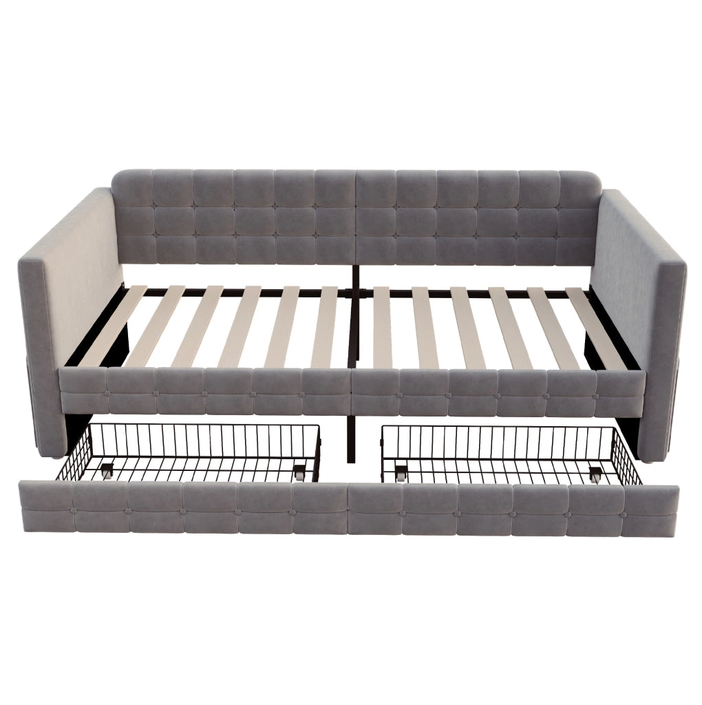 Letto imbottito 90x190 cm con 2 cassetti e tasche laterali in velluto grigio