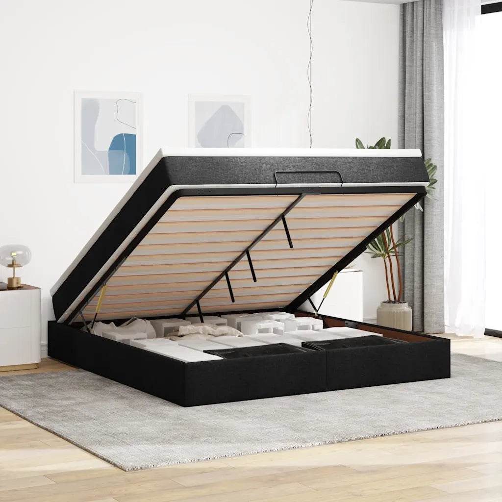 Struttura Letto Pouf con Materasso Nero 160x200 cm in Tessuto