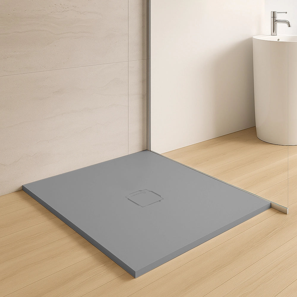 Piatto doccia 90x90 in marmoresina cemento con griglia in acciaio inox Harmony