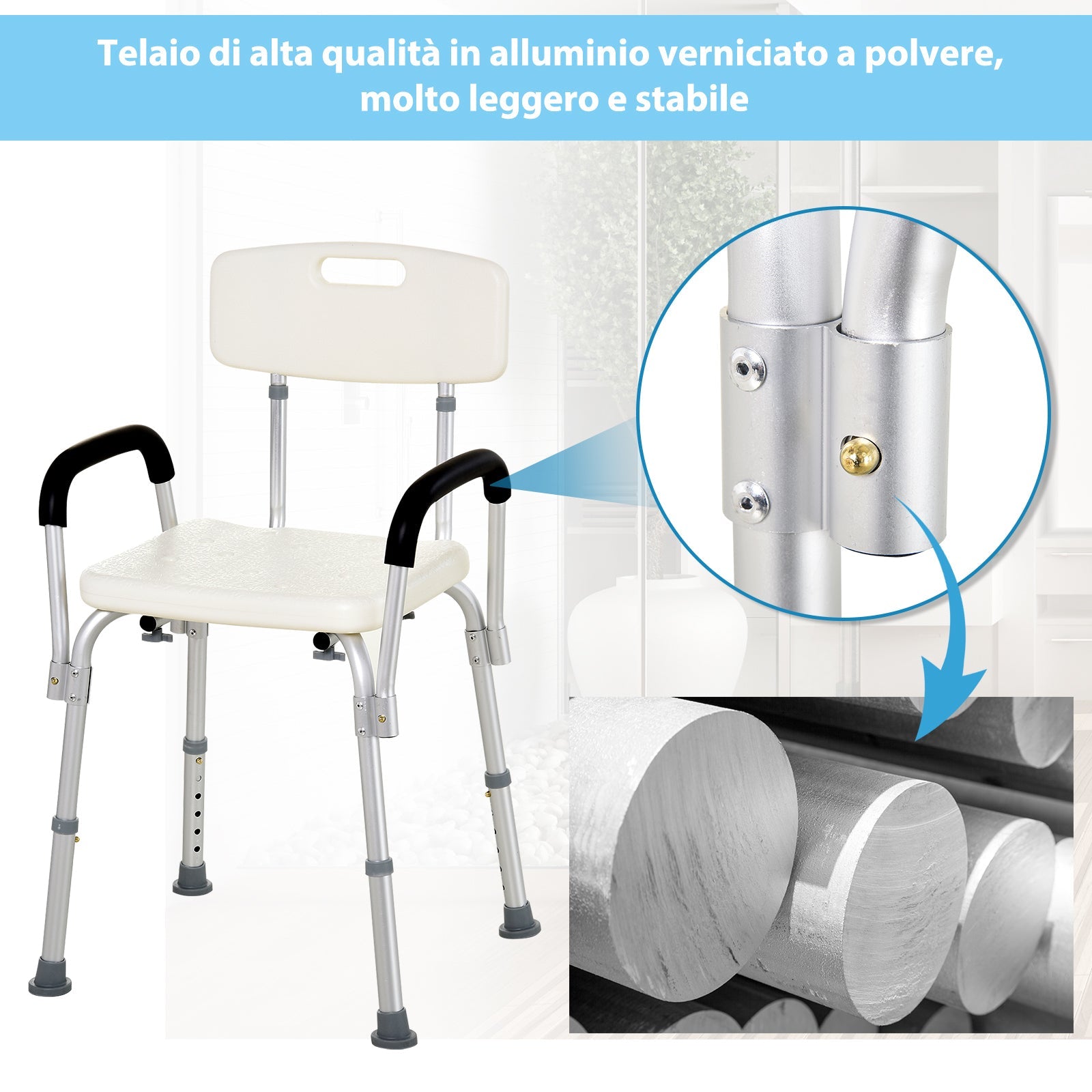 Sedia per Doccia con braccioli - Sedile da vasca con schienale sedia regolabile in altezza