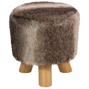 Poggiapiedi Sgabello rotondo in pelliccia sintetica marrone e beige su gambe a treppiede